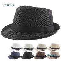 d363218 Kuhong ผู้ชาย ผู้หญิง ฟาง หมวก Trilby Cuban หมวกกันแดด ปานามา ปีกสั้น ฤดูร้อน