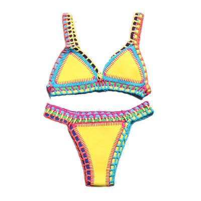 hotx 【cw】 Crochet 2022 Knit Patchwork Reversible 2 Piece Swimsuit Halter Top Bathing Thong Swimwear