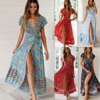 COD DSFGRDGHHHHH Womens Bohemian Floral Printed Wrap V Neck Short Sleeve Split Beach Party Maxi Dress