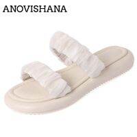 ANOVISHANA 2022 Ladies Slippers Open Toe Thick Heels Silk Casual Rubber Sole Eu Size 34-39 Solid White Black Summer S3663