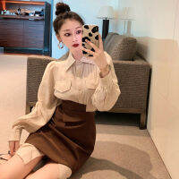 HziriP 2021 Autumn Pockets Women Turn-Down Collar Shirt Elastic Waist Solid Button Skirt Two-Piece Set Korean Fashion Elegant