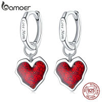 bamoer Silver Red Heart Earrings 100 925 Sterling Silver Intimate Lover Earrings Original Design Women Jewelry BSE484