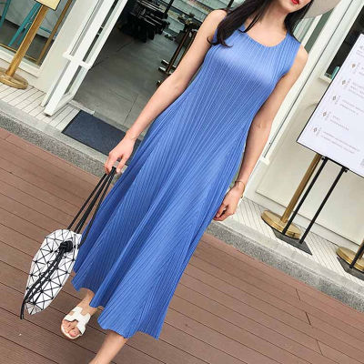 Miyake Pleated Round collar sleeveless summer dress woman causal aesthetic clothes Korean fashion elegant omighty dress