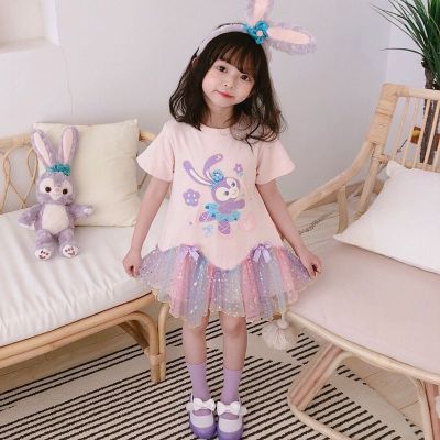Girls Summer Wear Lovely Cute Gauze Dress Cartoon Rabbit Bow Round Collar Short Sleeves Princess Skirt Little Kids Children