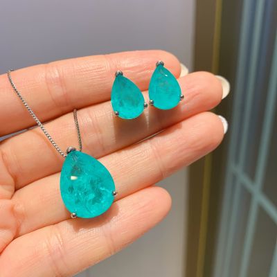 QTT 2021 New Arrival 925 Sterling Silver Water Drop Paraiba Tourmaline Emerald Pendant Necklace Earrings Wedding Womens Jewelry