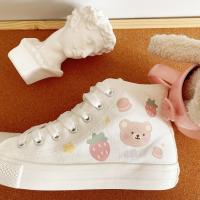 Womens Shoes kasut Sneakers lace ups Cute Bear High-Top Canvas Shoes White Shoes Free gift Doodle Hand Drawn Low-Cut