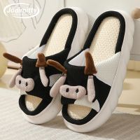 Cute Cartoon Cow Linen Slippers 2023 New Women Home Slippers Household Cotton Non Slip Thick Mute Shoes Couple Indoor Slippers