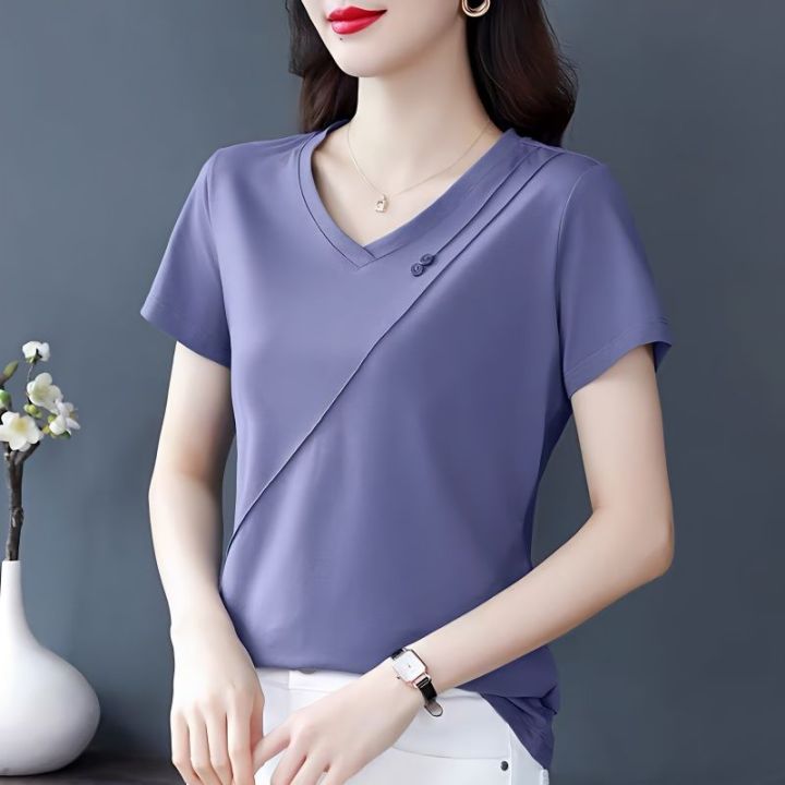 Summer New V-Neck Short Sleeve T-Shirt For Women 2023 Fashion Foreigner  Loose Middle Aged Mom Top Simple Solid Color | Lazada