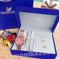 S.warovskii watch necklace bracelet ring earrings five-piece set（Blue and Rose Gold）