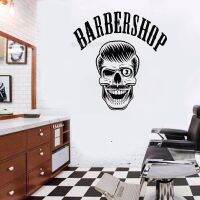 (สติ๊กเกอร์และรูปลอกติดผนัง) Besar Penata Rambut Kerangka Toko Tukang Stiker Dinking Barbershop Rambut Tengkorak Stiker Dinding Vinyl Jendela Dekor