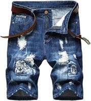 SHOOYING Mens Ripped Denim Shorts, No Belt