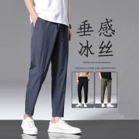 COD SDFERTREWWE 2023 New Mens Summer Ice Silk Casual Pants Straight cut Thin Fashion Loose Sports Trousers Korean Stretch Simple Ankle-Point Plus Size M-4XL