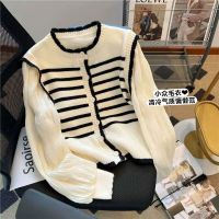 French Striped Sweater For Women In Spring And Autumn Thin Design Puff Sleeves Retro Fragrant Fake Two-Piece Top