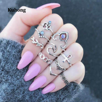 Kuhong 10 ชิ้น/เซ็ตผู้หญิง Retro Bohemian Crown ที่บิดเกลียวประดับเพชรแหวนพลอยชุด