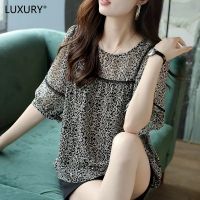 LUXURY Queen 2023 Round Neck Lace Spliced Chiffon Blouse Womens Summer 5/4 Sleeve Fragmented Flower Small Shirt New Temperament Top