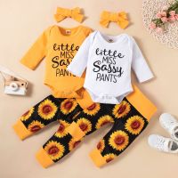 [COD] European and cross-border foreign trade infant sunflower printed romper baby girl three-piece set spot one drop shipping
