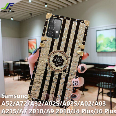 JieFie สำหรับ Samsung Galaxy A52 / A72 / A32 / A21S / A02S / A03S / A04S / A7 2018 / A02 / A03 / J4 Plus / J6 Plus ดอกไม้หรูหราเคสโทรศัพท์แฟชั่น Bling Glossy TPU กันชนสี่เหลี่ยมแหวน Anti-Drop Phone Cover