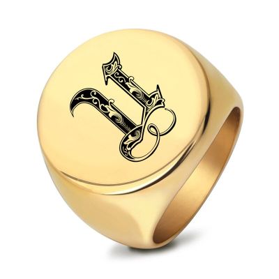 Modyle แหวนชื่อย่อ A-Z พังค์สีทองมี26ตัวอักษรสำหรับผู้ชายของขวัญแหวนเครื่องประดับสแตนเลสสตีลสำหรับงานแต่งงานขัดเงาสูง