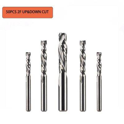 50Pcs 3.175 / 4mm / 6mm / 8mm UP and DOWN Cut Two Flutes Spiral Carbide Mill เครื่องมือ เครื่องตัดสําหรับ CNC Router Compression Wood End Mill