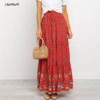 2022เอวสูงยาวกระโปรงสตรี Boho A-Line เต็มกระโปรงดอกไม้พิมพ์ Drawstring ลูกไม้ขึ้น Maxi เสื้อผ้าสีขาว2022ฤดูร้อนสีแดงโบฮีเมียน