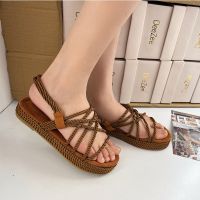 Handmade straw woven hemp rope sandals [fashion bloggers only favorite] ins trendy Roman woven thick bottom large size sandals for women 【QYUE】