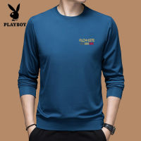 Playboy เสื้อยืดแขนยาวผู้ชาย,คอกลมลำลองหลวมพิมพ์ลายเสื้อยืดผ้าฝ้าย