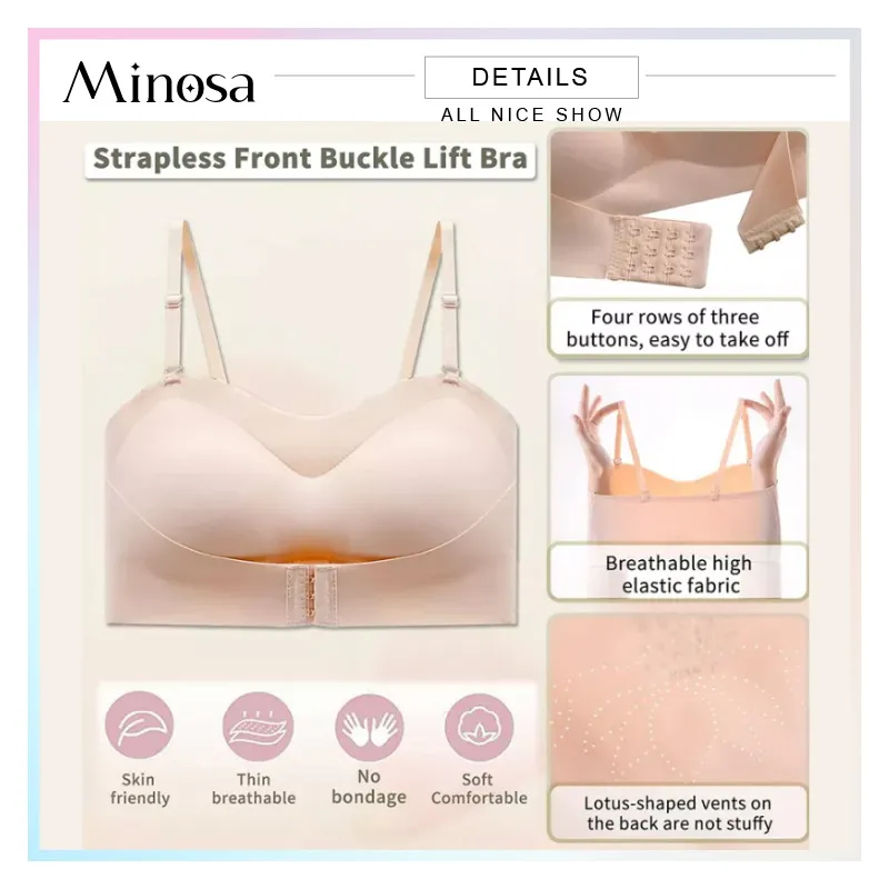 MINOSA Women Wireless Front Button Ice Silk Seamless Strapless Push Up Sexy  Tube Bra 32/70-38/85 (Black/White/Skin)