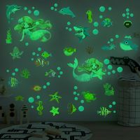 ZZOOI Luminous Undersea World Wall Stickers for Kids Room Bedroom Decoration Fluorescent Mermaid Shark Decals Glow in the Dark Sticker