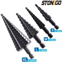 STONEGO Straight Groove Step Drill Bit Nitride Coated HSS Hex Shank Cone Drill Bit for Cutting Holes on Wood  Plastic  PVC Plate Drills Drivers