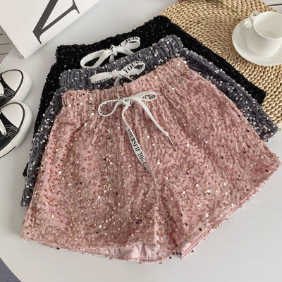 Sparkling Sequined Elastic Waist Loose Letter Lace-Up Wide-Leg Pants Women Shorts