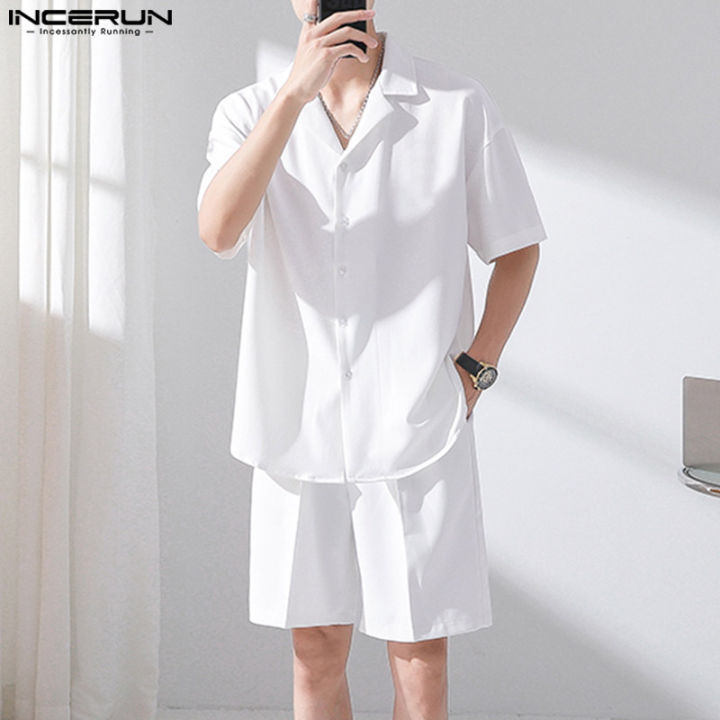 incerun-ชุดสูทลำลองแบบทางการสำหรับผู้ชายเสื้อยืดแขนสั้นกางเกงขาสั้นชุดสำหรับใส่ไปทะเลชุดใส่นอน-สไตล์เกาหลี