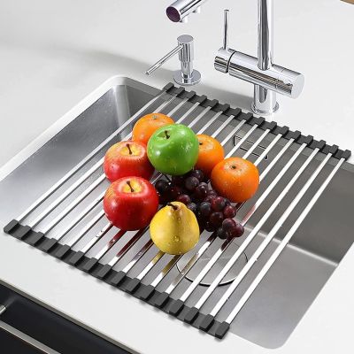[Hot K] ที่ระบายน้ำสแตนเลสตะแกรงเพื่อให้จานแห้งพับได้เหนือที่เก็บของในอ่างล้างจานถาดจัดระเบียบอุปกรณ์ครัว Organizador De Cocina