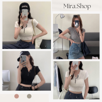 mira เสื้อครอปไหมพรมขนๆคอปก  หลายกระดูม 8006#