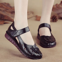 ร้อน, ร้อน★2022 Women New Genuine Leather Flat Shoes Lady Casual Soft Bottom Hollow Sandals