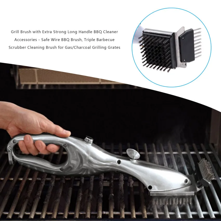 Grill Brush with Extra Strong Long Handle BBQ Cleaner Accessories - Safe  Wire BBQ Brush, Triple Barbecue Scrubber Cleaning Brush for Gas/Charcoal
