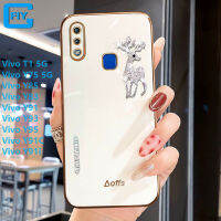 สำหรับ Vivo T1 5G Y02 Y02S Y16 Y22 Y22S Y35 Y72 Y76 Y77 Y77E Y85 Y83 Y91 Y93 Y95 Y91C Y91i Luxury 6D เพชร Glitter Elk Deer เคสโทรศัพท์สีชุบ Glossy พื้นผิวกระจกนุ่ม TPU ปกหลัง