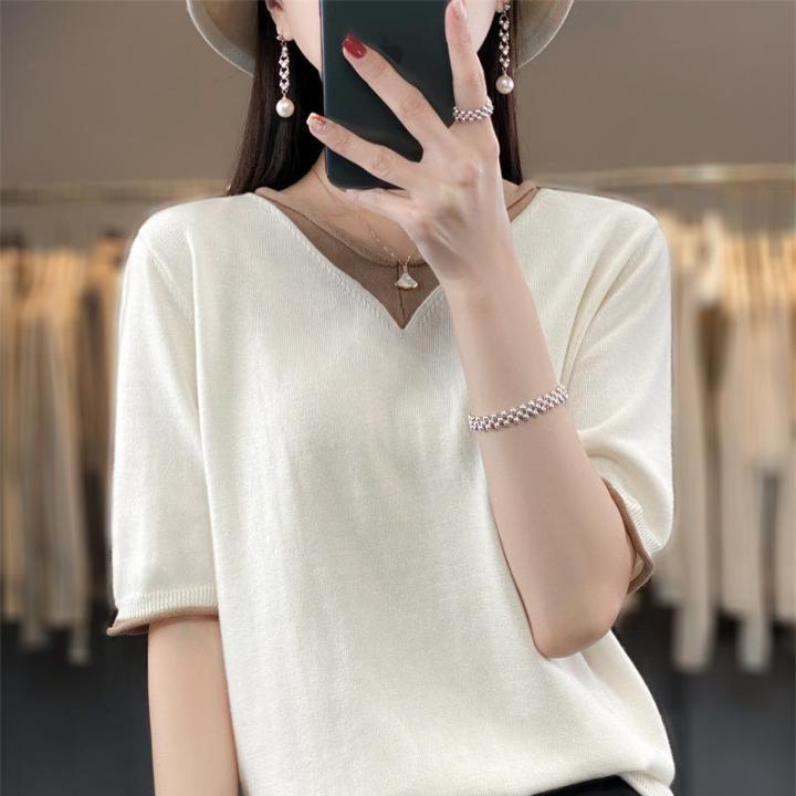 fake-two-piece-t-shirt-womens-2023-summer-womens-new-v-neck-loose-korean-color-matching-knitted-short-sleeved-womens-top-2023