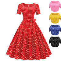 KKAudrey Hepburn สแควร์คอสั้นแขน Polka Dot พิมพ์เอวชุด R 50S 60S Swing Rockabilly Party ชุดสำนักงาน Ladieq11