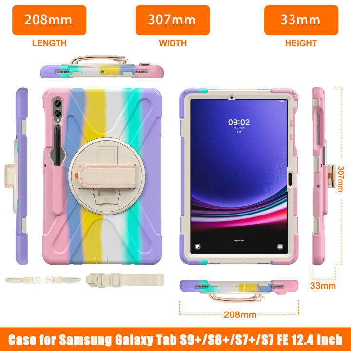 เคส-s9ซัมซุงกาแล็กซีแท็บบวก-s8บวกกับสามชั้นแข็งแกร่งทนทานเด็กที่มีสายคล้องมือหมุน-amp-tali-bahu-ขาตั้งในตัว-amp-s-ที่วางปากกา