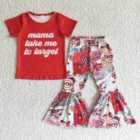 Wholesale Baby Girl New Clothes Red Mama Take Me To Target Shirt Top Fashion Bell Bottom Pants Outfits Toddler Fall Clothing Set