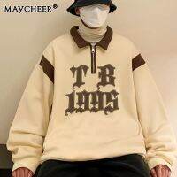 MAYCHEER เสื้อยืดอเมริกันสเวตเชิ้ตผู้ชายลายพิมพ์แขนยาวคู่คอตั้งใหม่