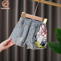 YA ZHOU LONG Celana Pendek Denim เด็กกางเกงลำลองผู้หญิง,กางเกงเกาหลีหลวม,กางเกงลายการ์ตูนของเด็ก