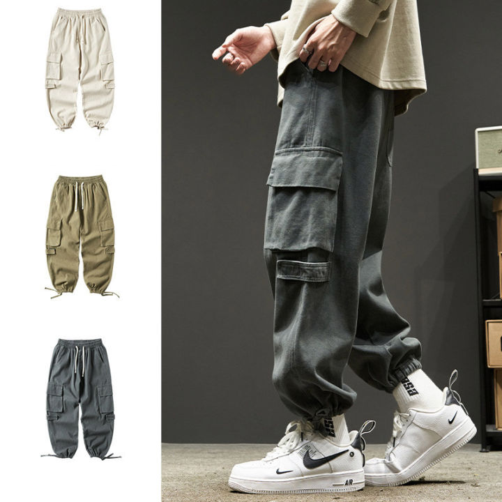 hanlu-กางเกงคาร์โก้ขายาวสำหรับผู้ชายกางเกงขากางเกงทรงหลวมกางเกงมีกระเป๋าหลายกระเป๋า
