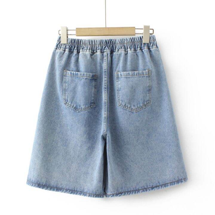 มีไซส์ใหญ่-plus-size-womens-wide-leg-denim-summer-shorts-elastic-waist-solid-color-casual-female-shorts-with-pockets