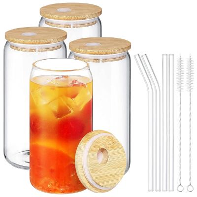 【CW】♙♂✼  360/480ml 4Pcs Glass Cup With Lids and Straws Reusable Coke Glasses for Juice Beer Can Cold Brew Bar Cups