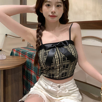 shenghao เสื้อกล้ามผู้หญิงเซ็กซี่แขนกุดเข้ารูปลายสก๊อตผูกโบว์ฤดูร้อน