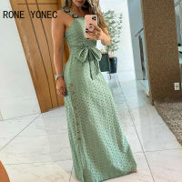 2021Women Elegant Dress Thick Strap Hollow Out Maxi Dress With Belt Casual Summer Dress