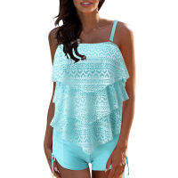 ชุดว่ายน้ำสตรีสีน้ำเงินสองชิ้นชุด Tankini Ruffle Hollow Sling Swimdress Drawstring Boyshorts ชุดว่ายน้ำฤดูร้อน Beachwear