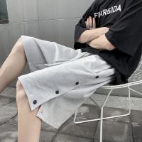 2023 New Fashion version gray sports shorts mens summer new casual pants Hong Kong style loose ins trendy brand side slit button five-point pants