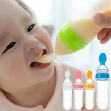 Baby Silicone Feeding Bottle Spoon Baby Food Feeder with Standing Base for  Infant Dispensing and Feeding (Yellow)